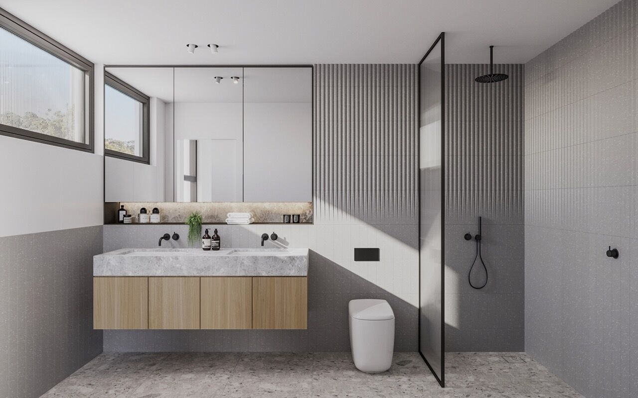 Apartment bathroom tiling at Arbour Apartments, Dalkeith